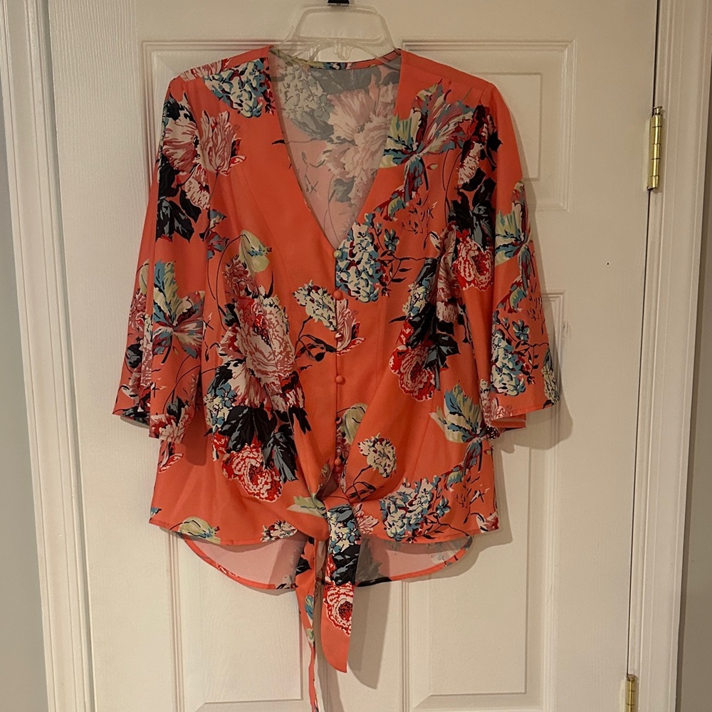 Coral Floral Tie-Front Blouse